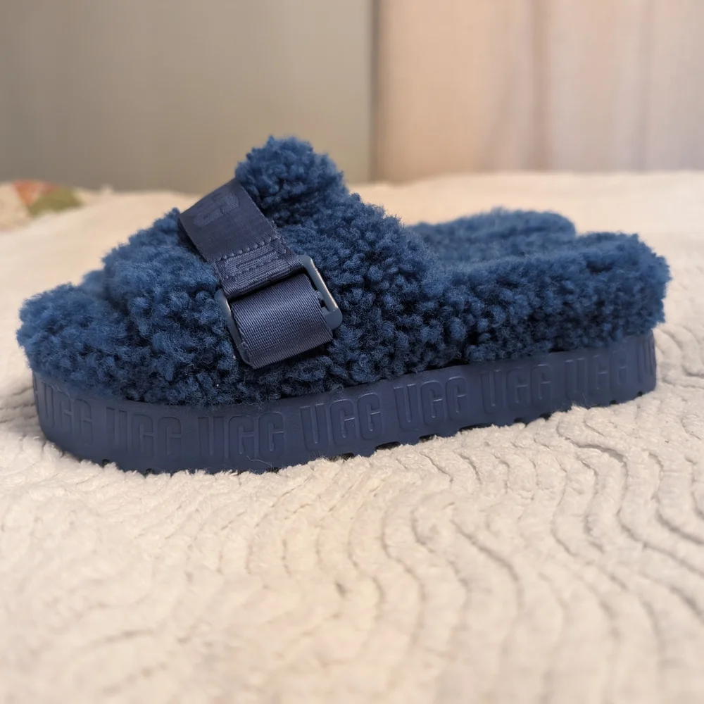 UGG Navy Blue Fluff Slide Platform Sandals